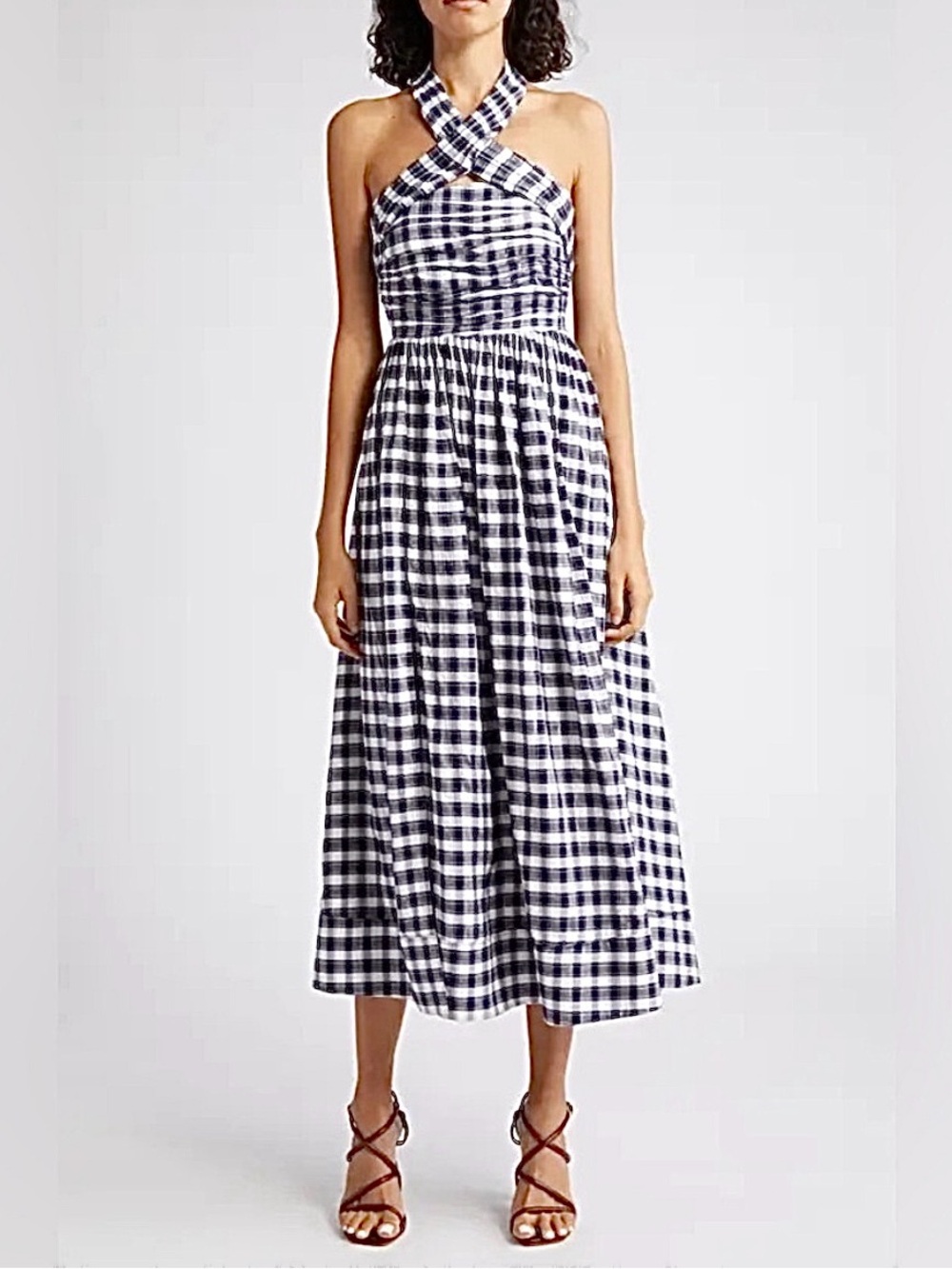 Cinq a Sept Plaid Halter Midi maxi front side slit Dress in black and White 6